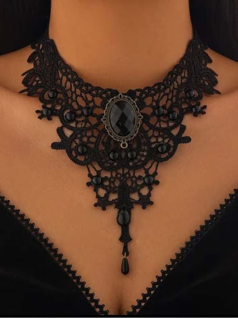 Victorian-Inspired Black Lace Statement Necklace - Women Jewelry Necklaces - Picture 2 of 5